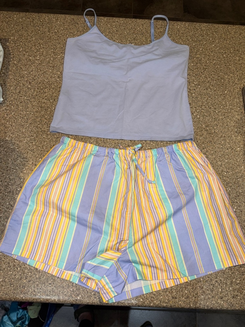Y2k 2001 Victoria's Secret Light Blue Spaghetti-Strap Tank and striped shorts